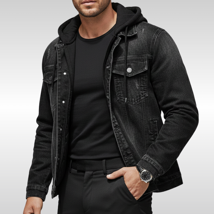 Gefütterte Herren Denim Jacke mit abnehmbarer Kapuze für den Winter