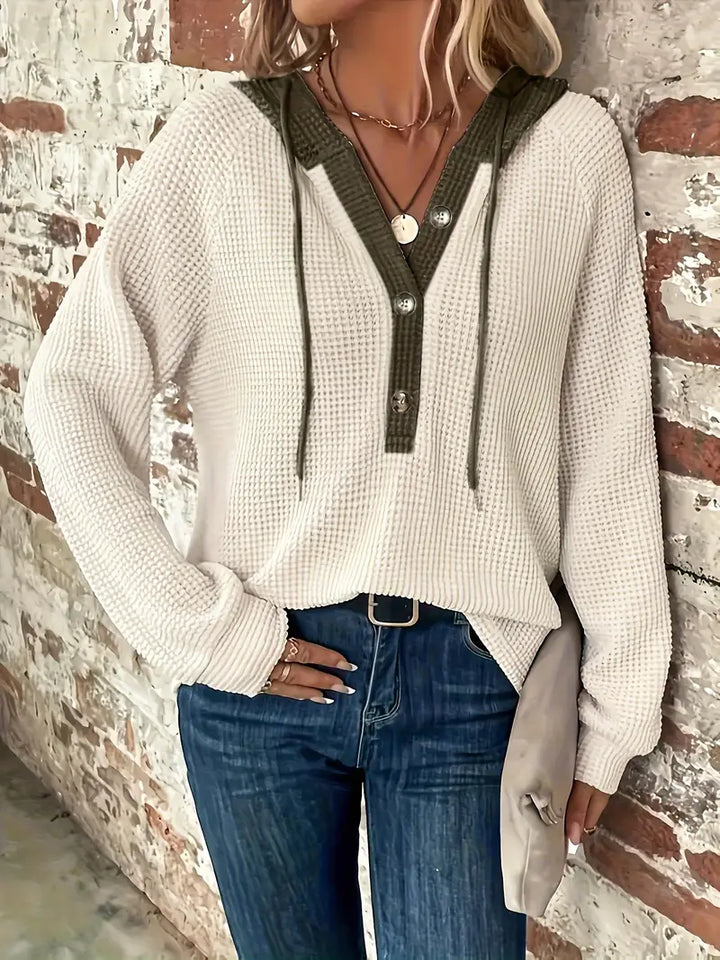 Damen Langarm-Kapuzenpullover mit Frontknöpfen - Weiche Waffelstrick-Struktur und verstellbare Kapuze