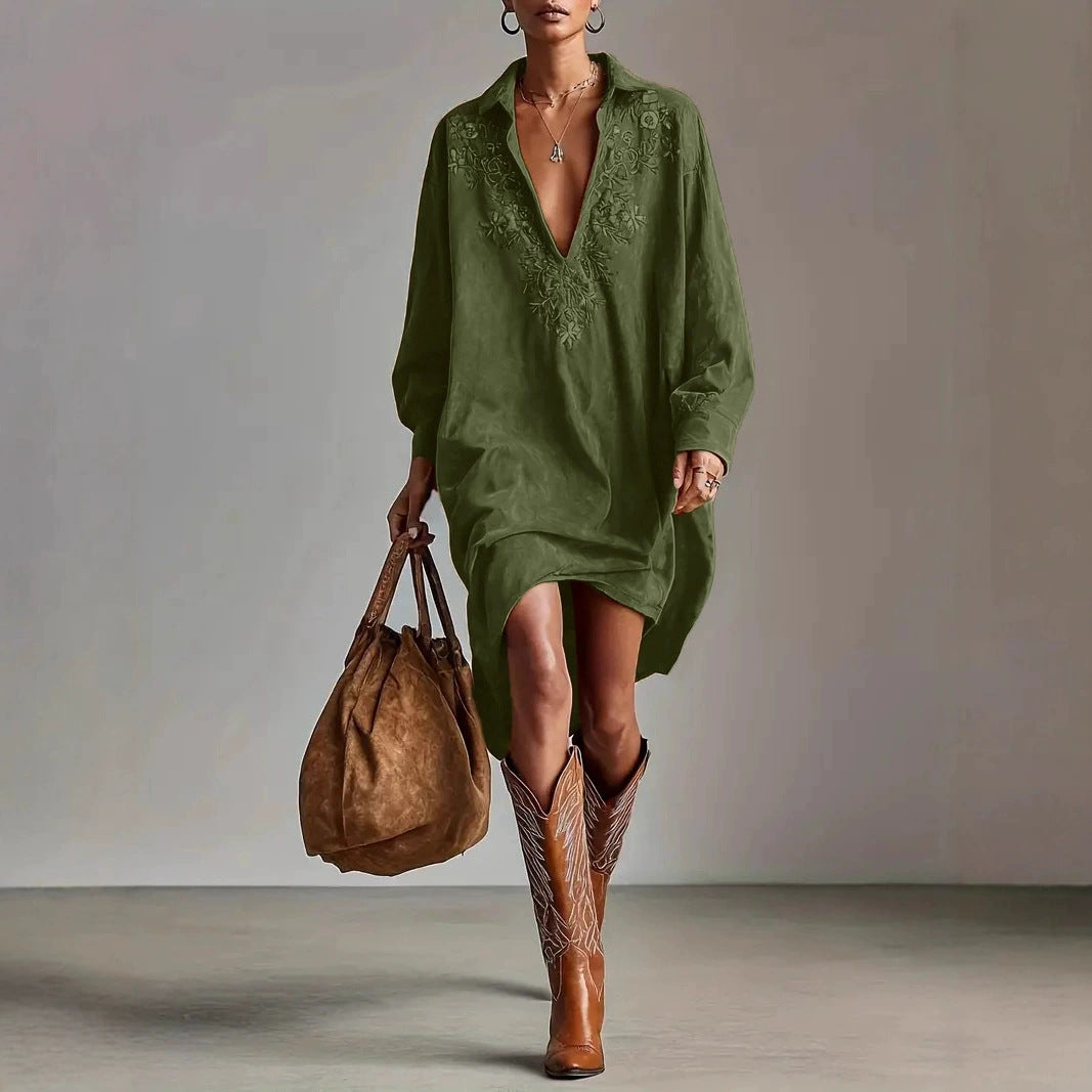 Damen Midikleid mit Stickerei - Wildleder-Optik Bohème-Kleid Langarm