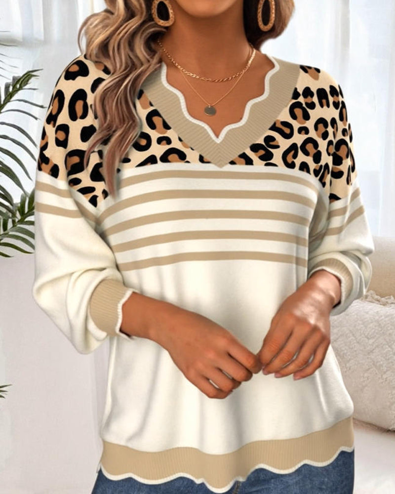 Damen V-Ausschnitt Pullover mit Leopardenmuster und Streifen-Kontrast