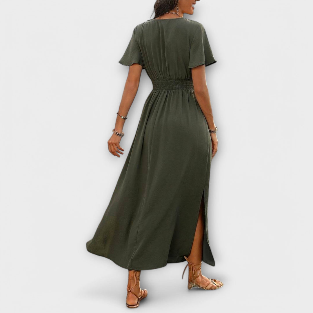 Elegantes Damen Boho-Kleid mit V-Ausschnitt und langen Ärmeln
