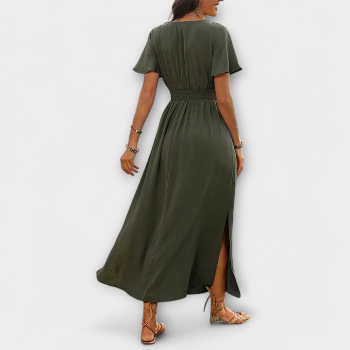 Elegantes Damen Boho-Kleid mit V-Ausschnitt und langen Ärmeln
