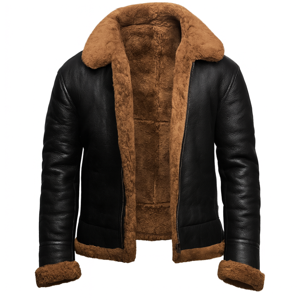 Herren Aviator Lederjacke mit Sherpa-Futter - Warme Pilotenjacke aus PU-Leder