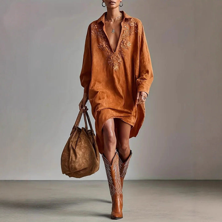 Damen Midikleid mit Stickerei - Wildleder-Optik Bohème-Kleid Langarm