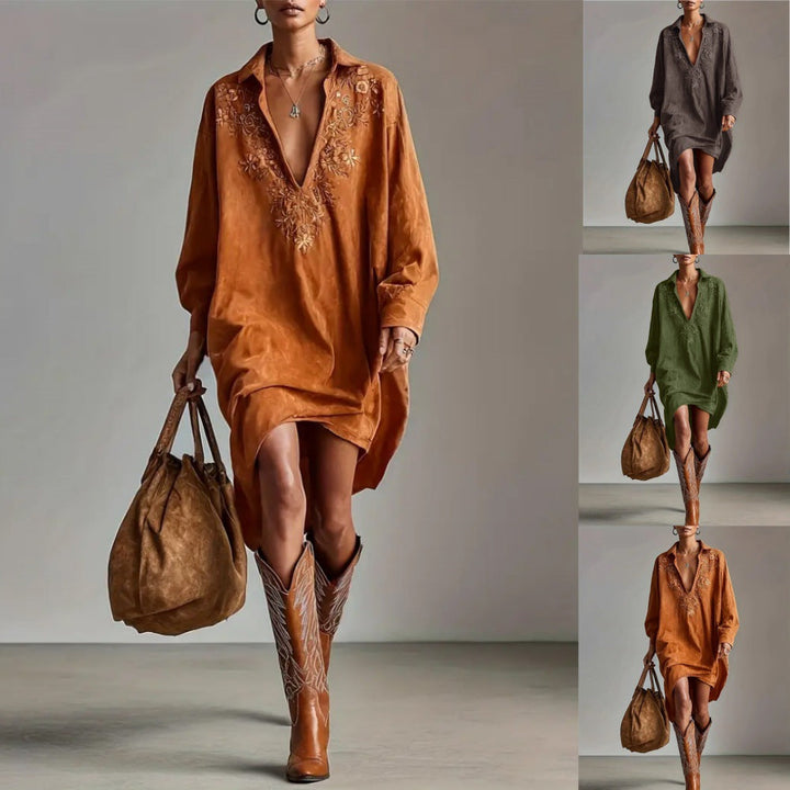 Damen Midikleid mit Stickerei - Wildleder-Optik Bohème-Kleid Langarm