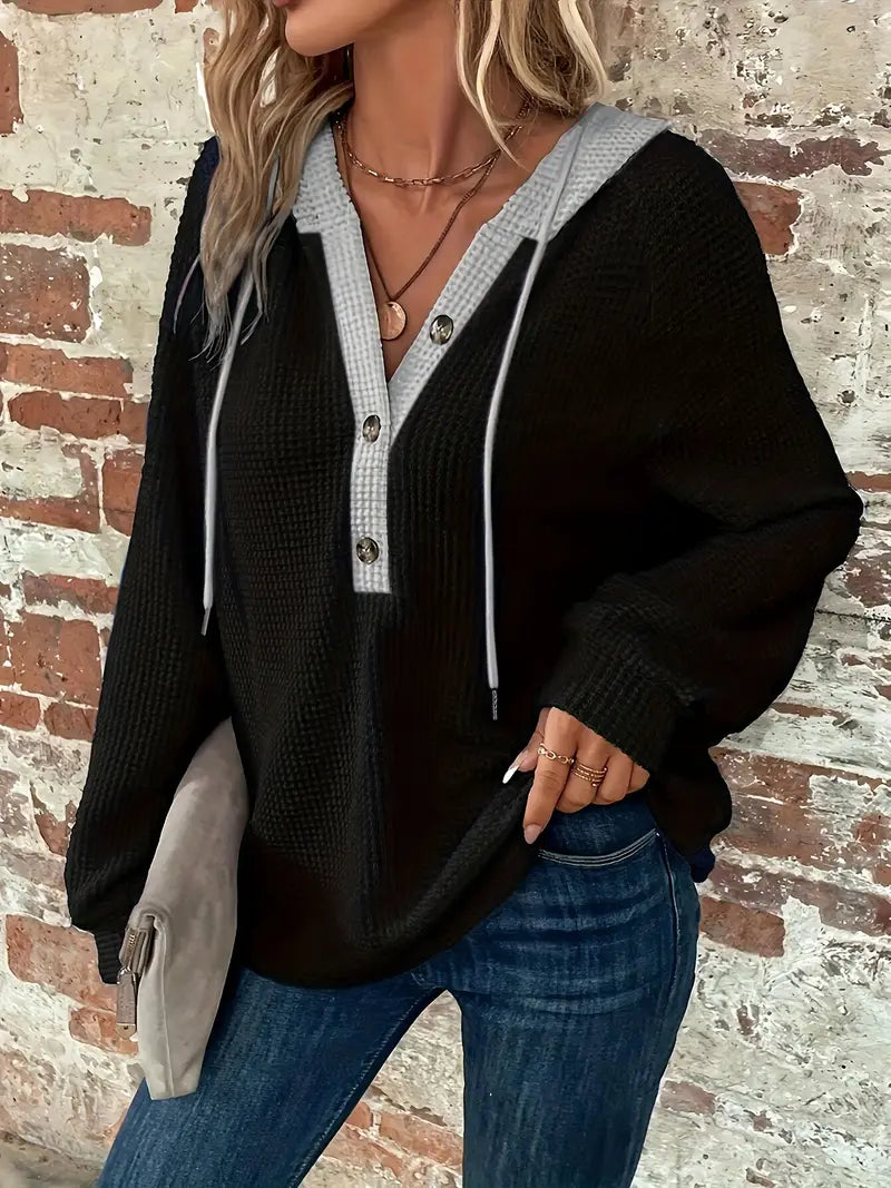 Damen Langarm-Kapuzenpullover mit Frontknöpfen - Weiche Waffelstrick-Struktur und verstellbare Kapuze