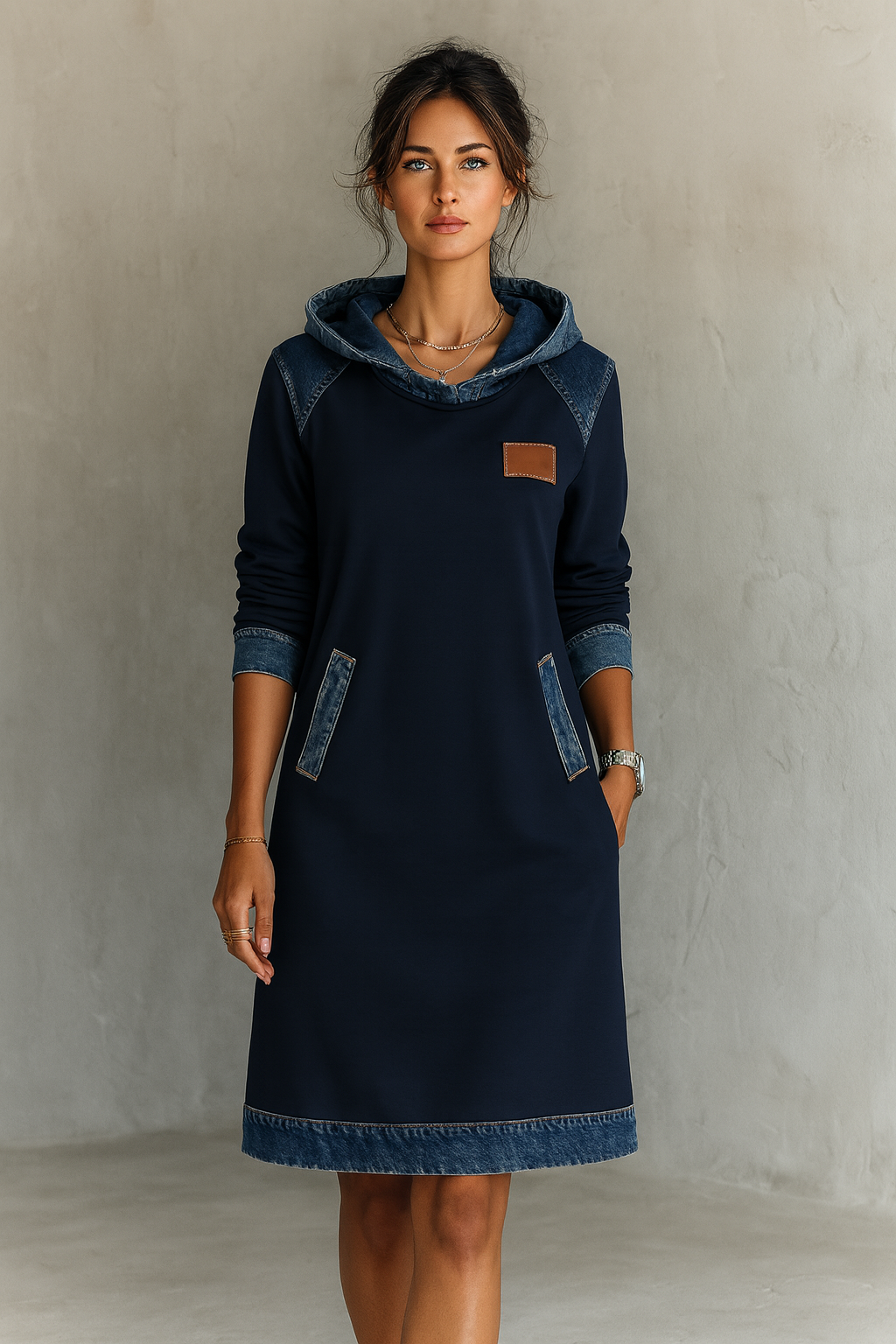 Lässiges Damen Hoodie-Kleid mit Denim-Einsätzen