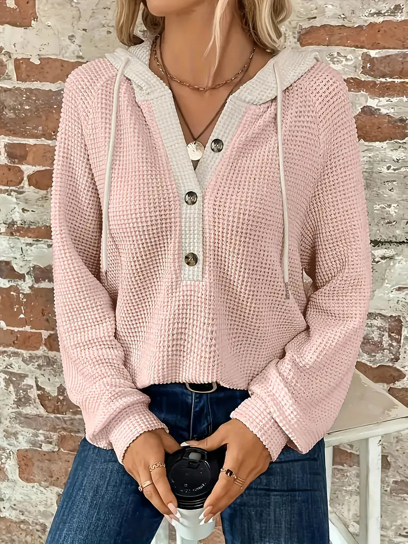 Damen Langarm-Kapuzenpullover mit Frontknöpfen - Weiche Waffelstrick-Struktur und verstellbare Kapuze