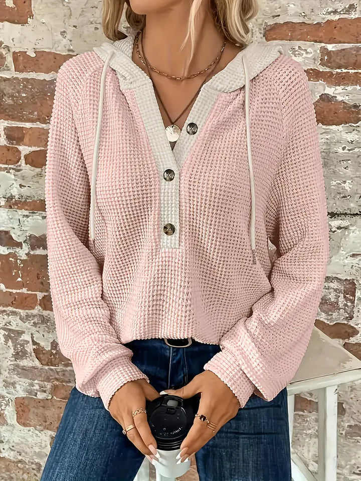 Damen Langarm-Kapuzenpullover mit Frontknöpfen - Weiche Waffelstrick-Struktur und verstellbare Kapuze