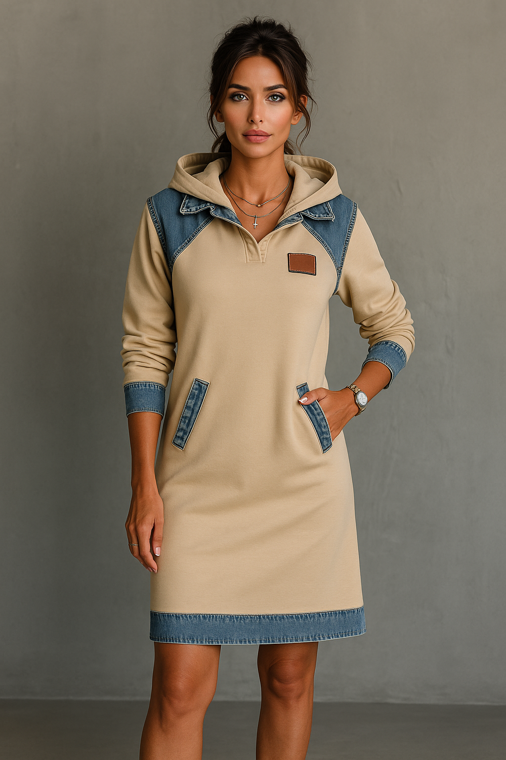 Lässiges Damen Hoodie-Kleid mit Denim-Einsätzen