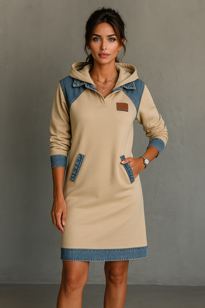 Lässiges Damen Hoodie-Kleid mit Denim-Einsätzen