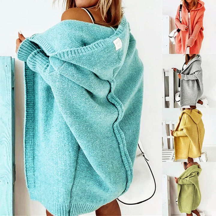 Damen SoftKnit Cardigan mit Kapuze - Oversized Strickjacke knielang