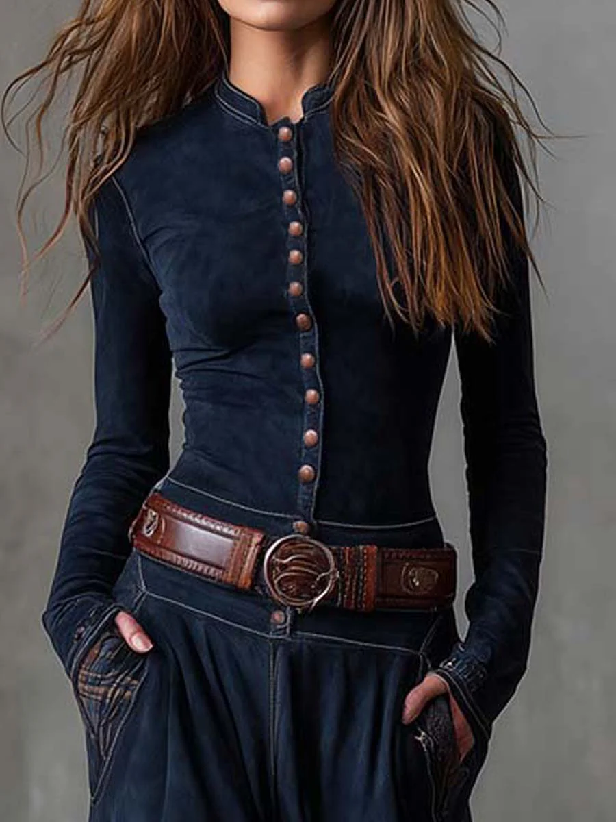 Elegantes Geknöpftes Wildleder Damen Kleid