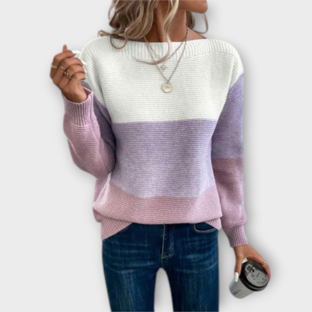 Damen Dreifarbiger Patchwork-Pullover - Eleganter Strickpullover mit modernem Design