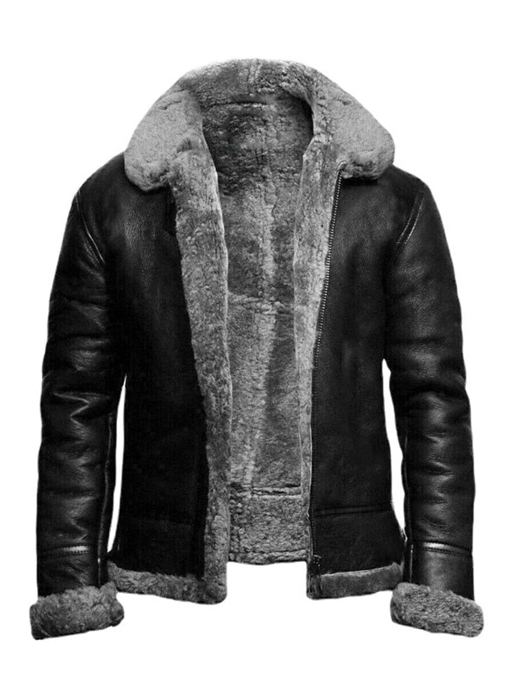 Herren Aviator Lederjacke mit Sherpa-Futter - Warme Pilotenjacke aus PU-Leder