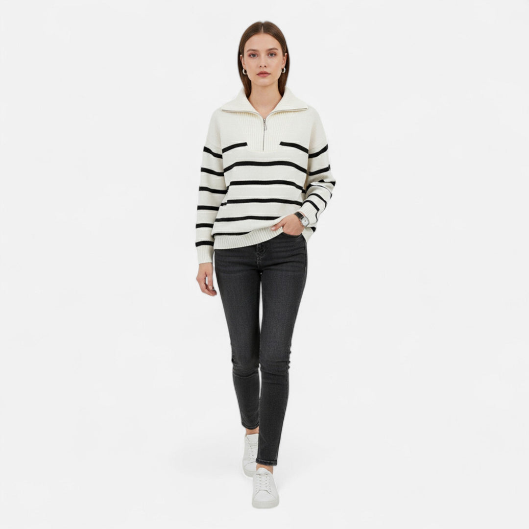 Gestreifter Polo-Pullover Damen mit Halbzipper - Elegante Herbst-Mode