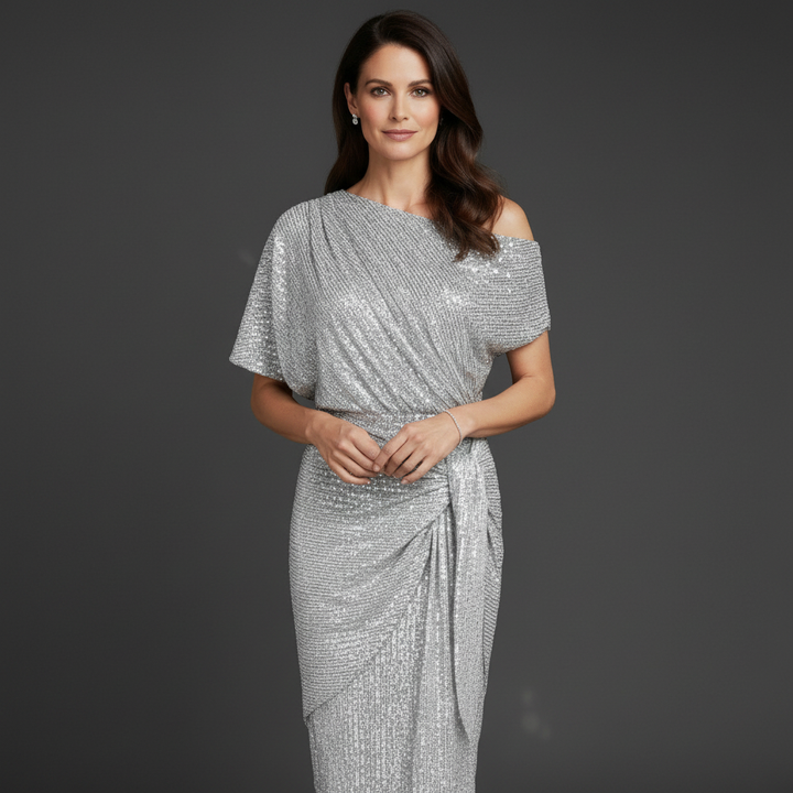 Elegantes Pailletten Cocktailkleid Damen mit asymmetrischer Schulter