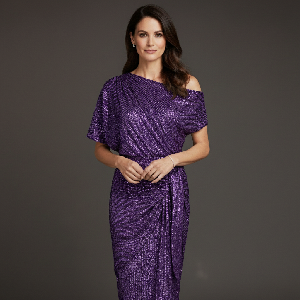 Elegantes Pailletten Cocktailkleid Damen mit asymmetrischer Schulter
