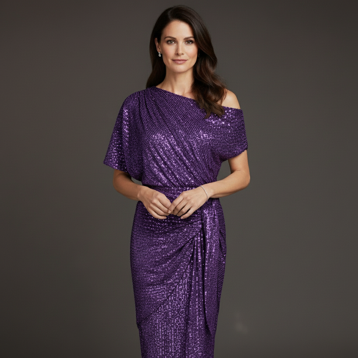 Elegantes Pailletten Cocktailkleid Damen mit asymmetrischer Schulter