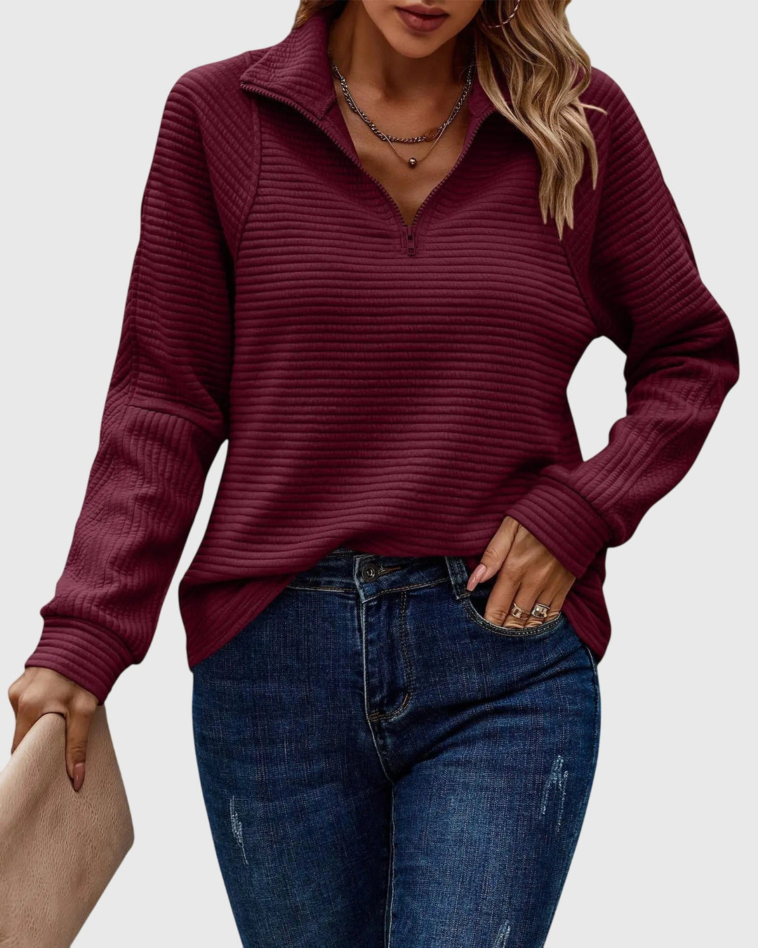 Eleganter Damen Pullover mit Reißverschluss und V-Ausschnitt