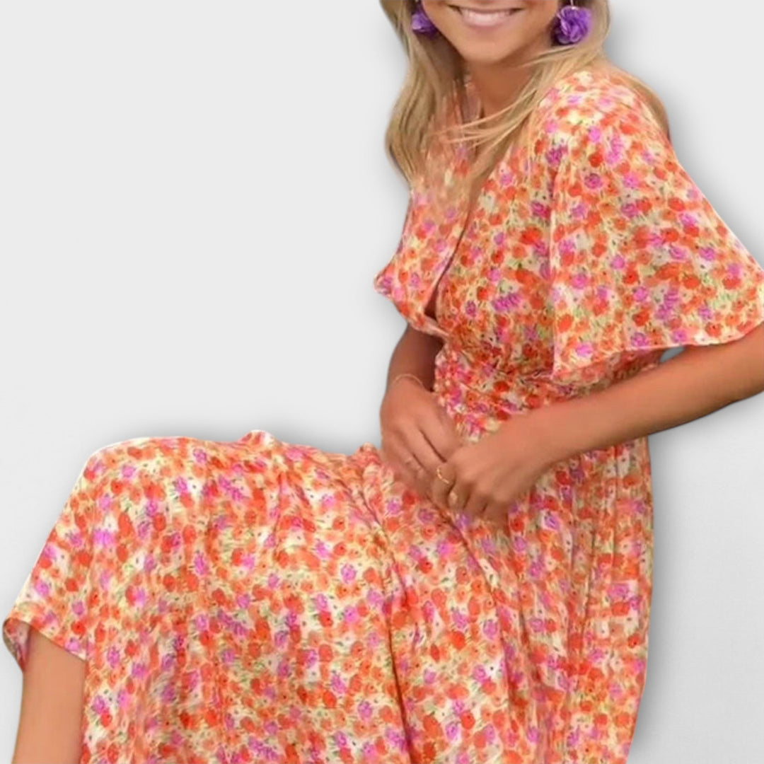 Klassisches Damen Kleid mit V-Ausschnitt und Blumenmuster - Kurzarm