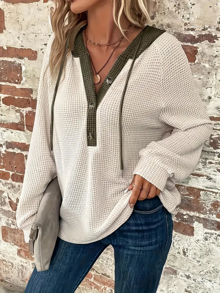 Damen Langarm-Kapuzenpullover mit Frontknöpfen - Weiche Waffelstrick-Struktur und verstellbare Kapuze