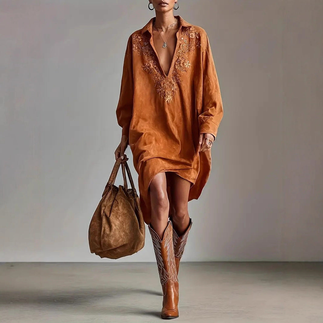 Damen Midikleid mit Stickerei - Wildleder-Optik Bohème-Kleid Langarm