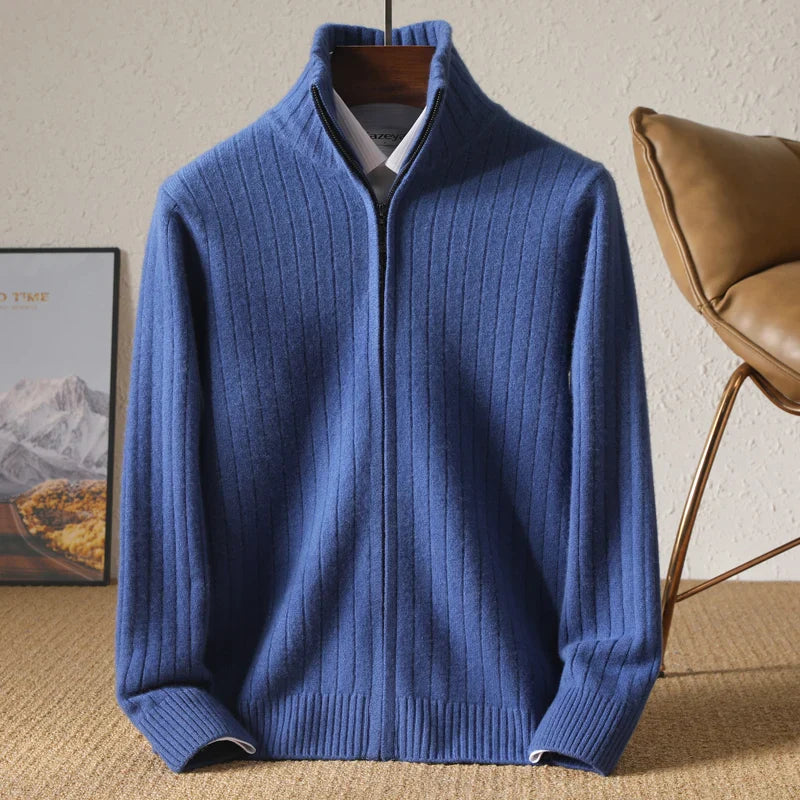 Herren Merino Woll-Cardigan mit Stehkragen und Reißverschluss