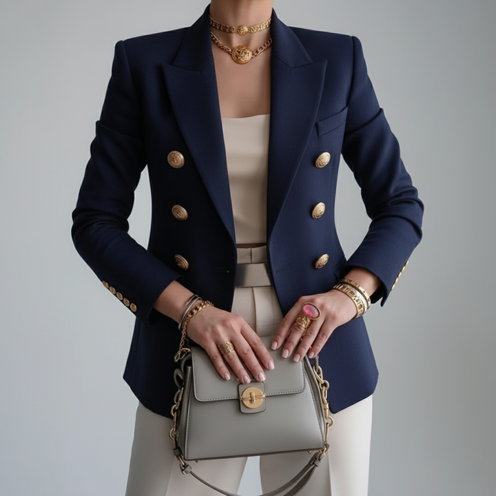 Eleganter Damen Zweireihiger Blazer mit Goldknöpfen - Klassisch Tailliert