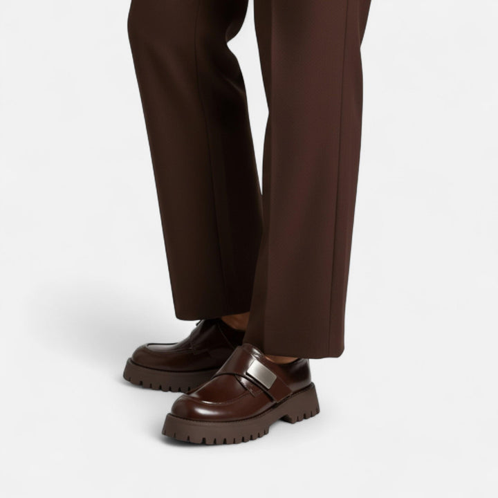 Elegante Leder Derby Schuhe für Damen mit runder Spitze und Schnallenverschluss