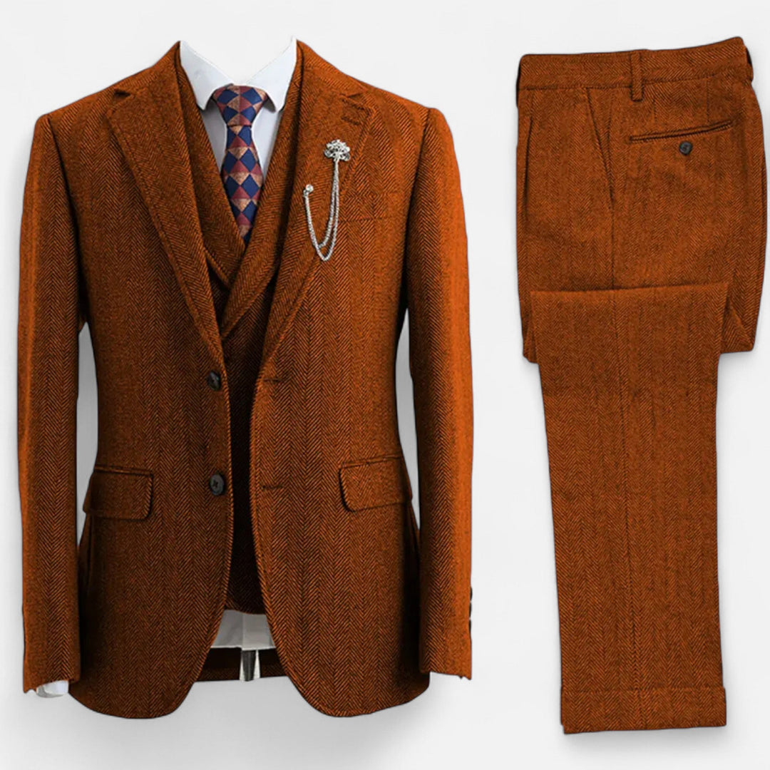 Eleganter Tweed Herringbone Herren Anzug Dreiteiler Zweireihig