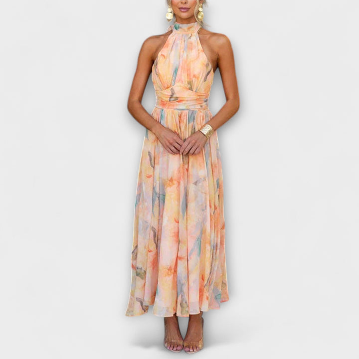 Elegantes Damen Halterneck Maxi-Kleid mit Aquarell-Print und offenem Rücken