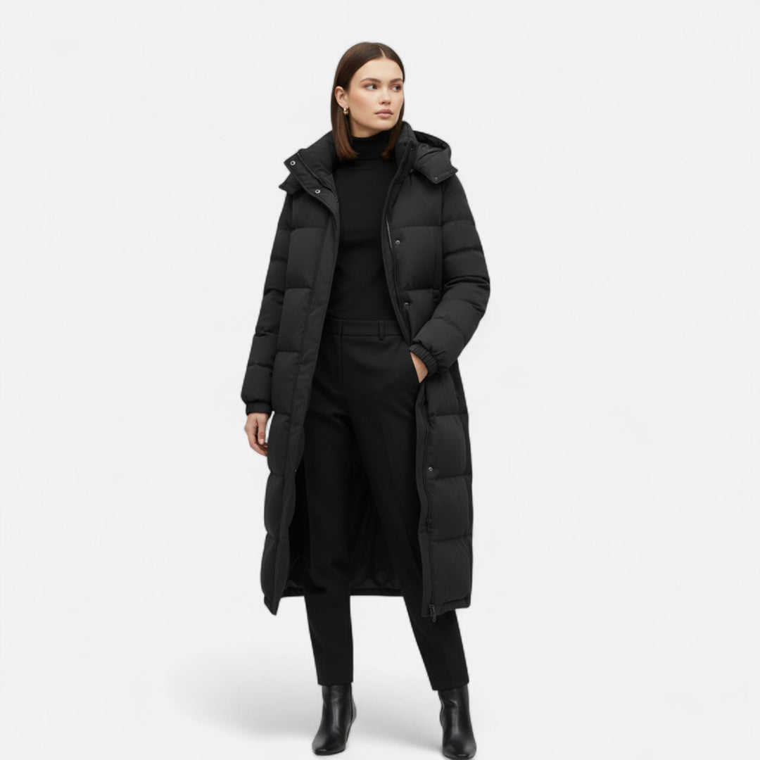 Lange Warme Damen Steppjacke mit Kapuze