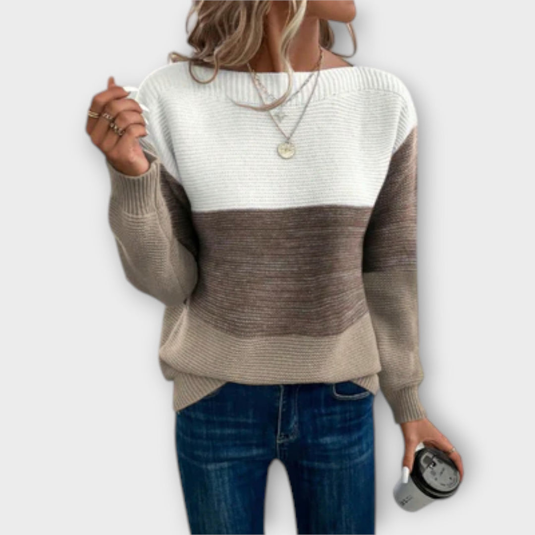 Damen Dreifarbiger Patchwork-Pullover - Eleganter Strickpullover mit modernem Design