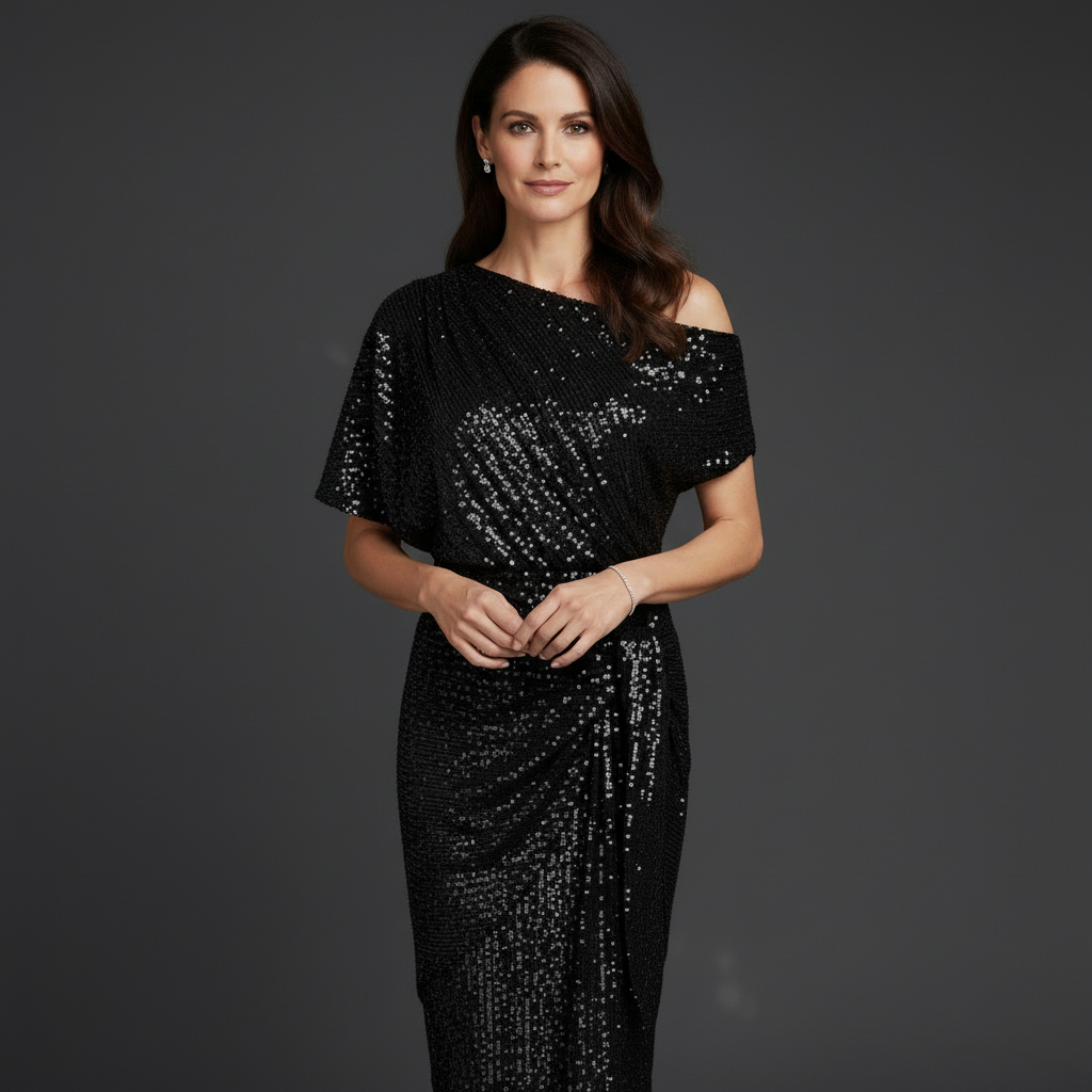 Elegantes Pailletten Cocktailkleid Damen mit asymmetrischer Schulter
