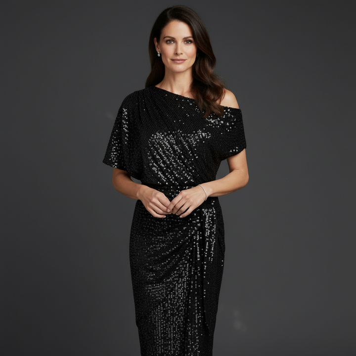 Elegantes Pailletten Cocktailkleid Damen mit asymmetrischer Schulter