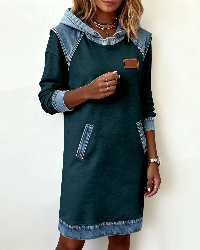 Lässiges Damen Hoodie-Kleid mit Denim-Einsätzen