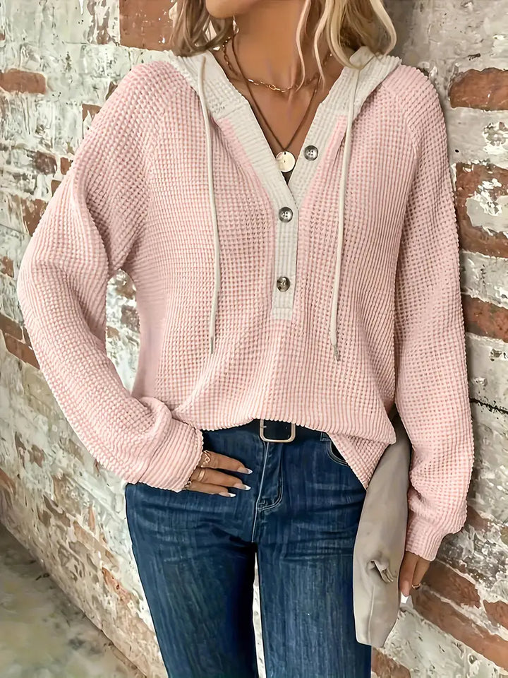 Damen Langarm-Kapuzenpullover mit Frontknöpfen - Weiche Waffelstrick-Struktur und verstellbare Kapuze