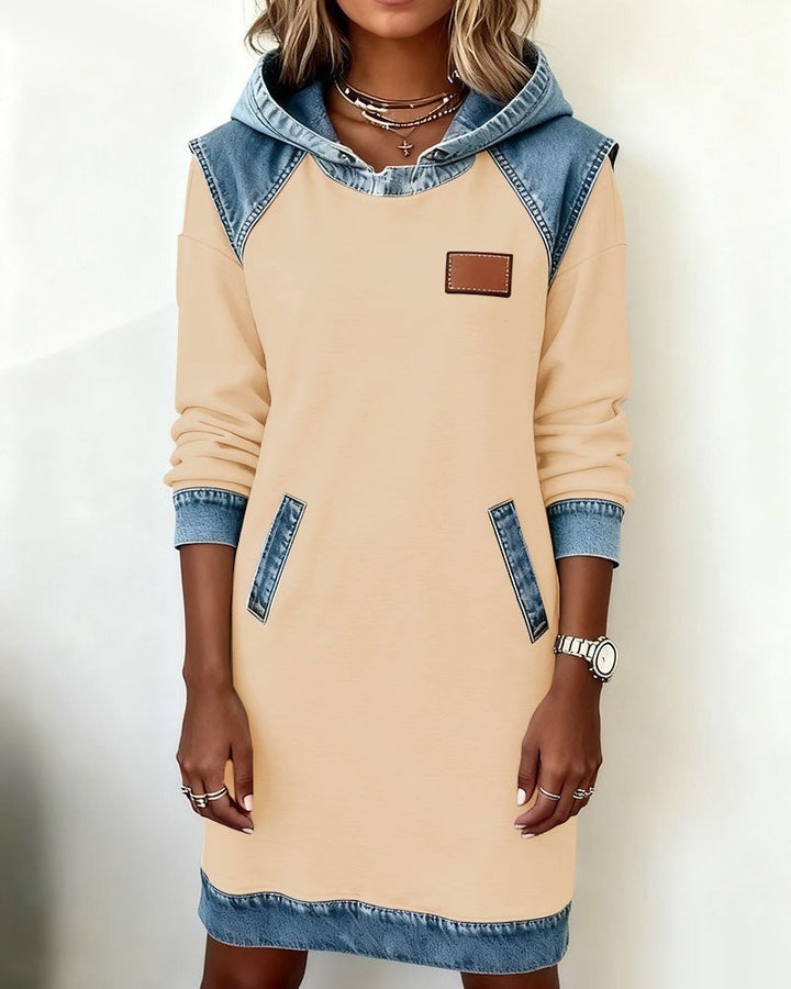 Lässiges Damen Hoodie-Kleid mit Denim-Einsätzen