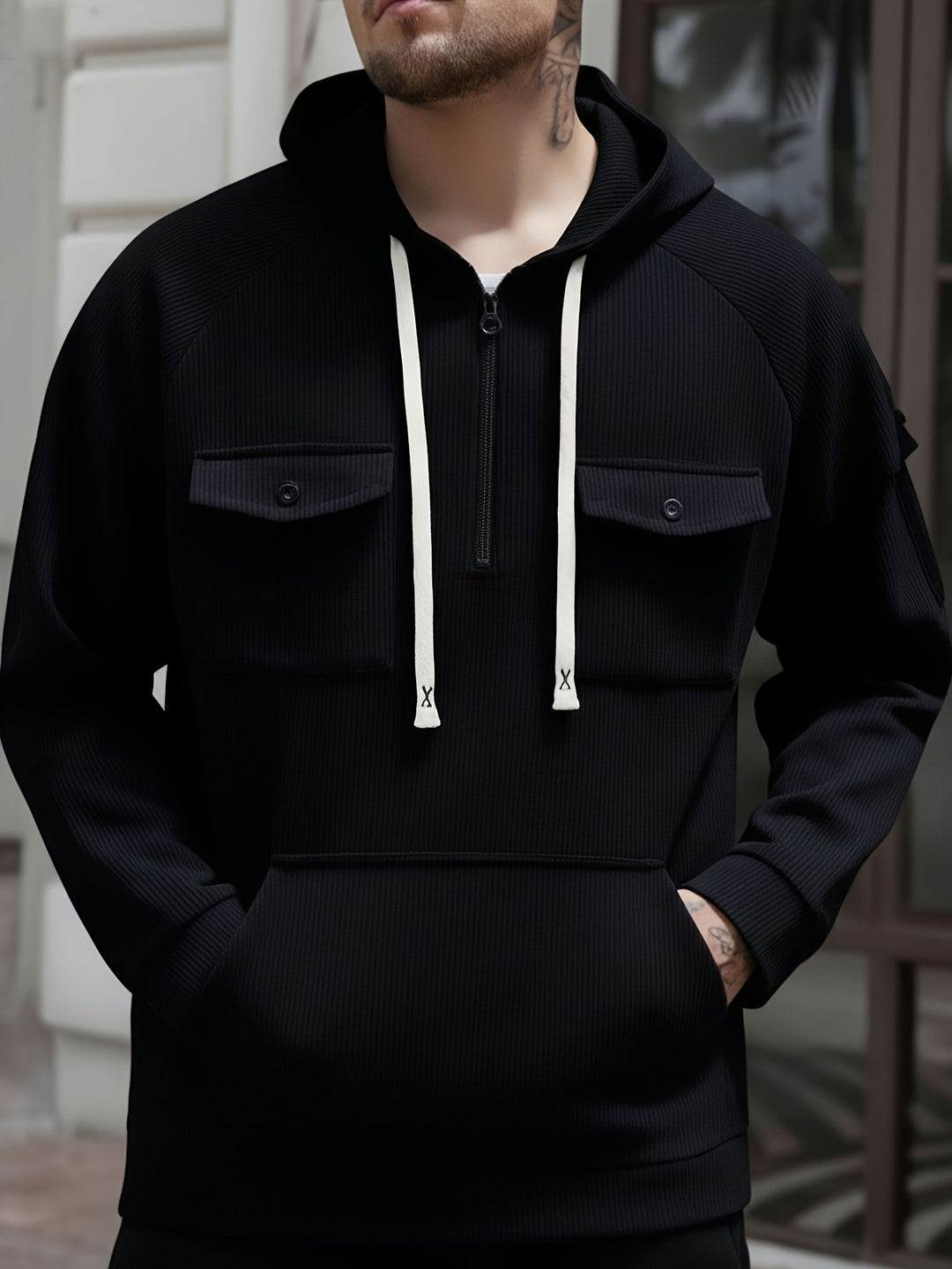 Herren Hoodie mit Quarter-Zip und Brusttaschen