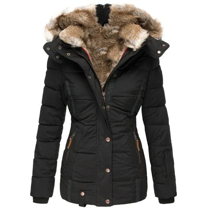 Damen Winterjacke mit Kunstfell-Kapuze - Warme Steppjacke Tailliert