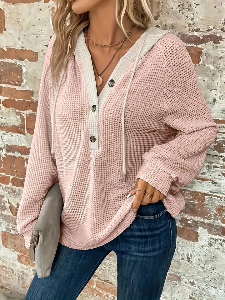 Damen Langarm-Kapuzenpullover mit Frontknöpfen - Weiche Waffelstrick-Struktur und verstellbare Kapuze