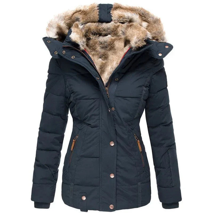 Damen Winterjacke mit Kunstfell-Kapuze - Warme Steppjacke Tailliert