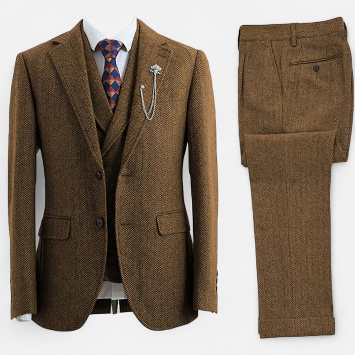 Eleganter Tweed Herringbone Herren Anzug Dreiteiler Zweireihig