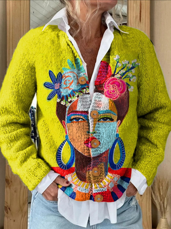 Künstlerische Damen Strickjacke mit Portrait-Print - Geknöpfte Cardigan