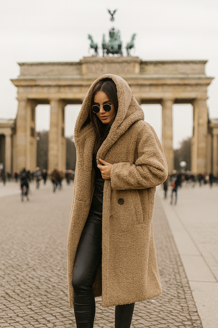 Damen Teddy Wintermantel Lang mit Kapuze - Elegante Warme Wollmantel