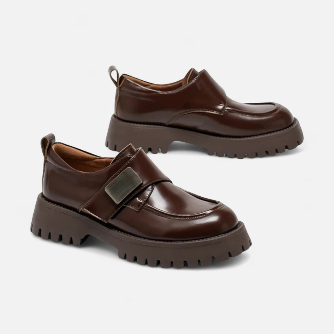 Elegante Leder Derby Schuhe für Damen mit runder Spitze und Schnallenverschluss