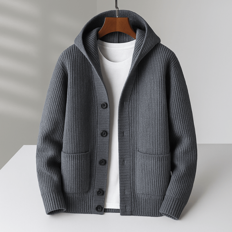 Warme Herren Strickjacke mit Kapuze - Wollmischung Cardigan mit Knopfverschluss