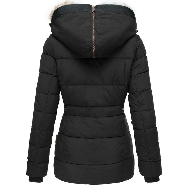 Damen Winterjacke mit Kunstfell-Kapuze - Warme Steppjacke Tailliert