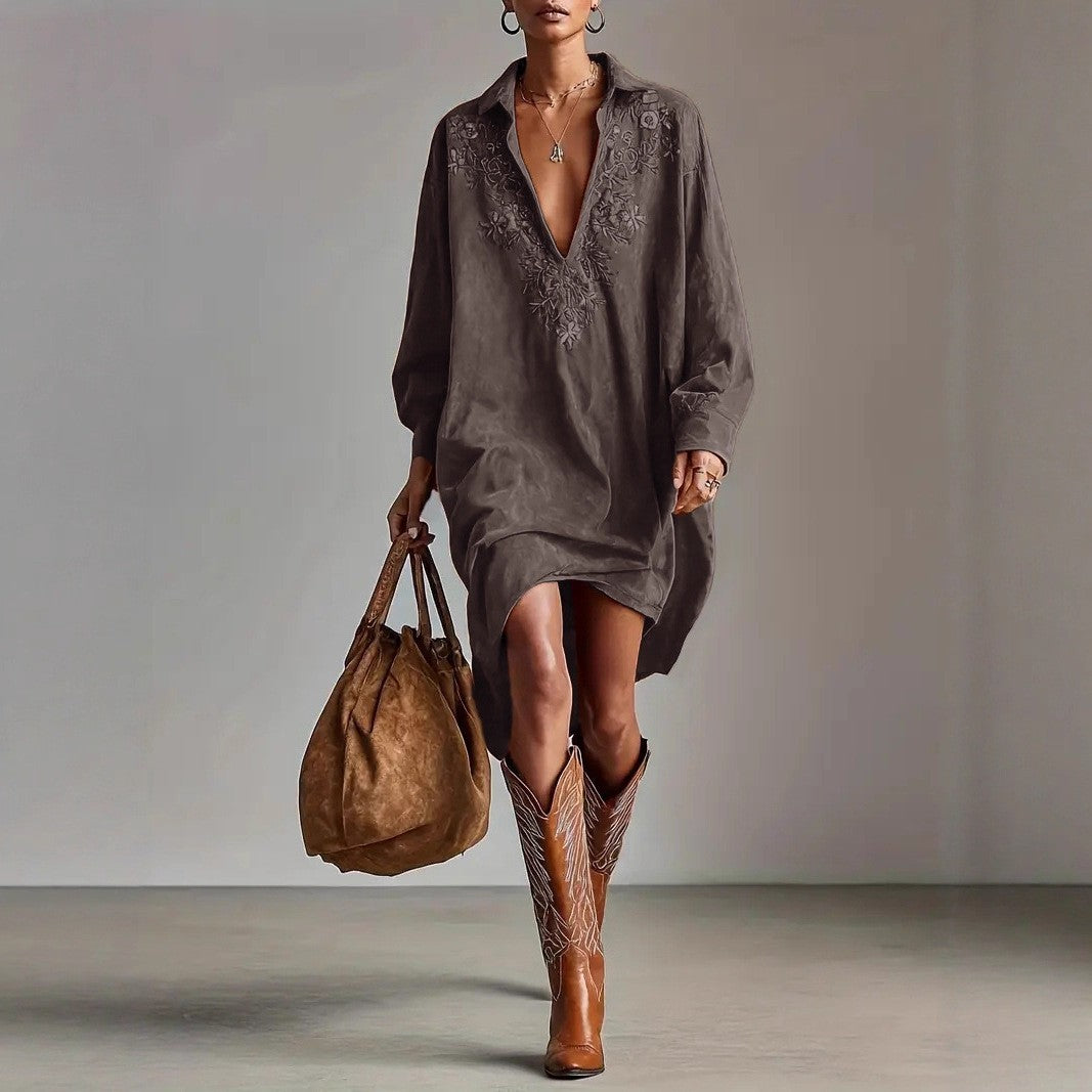 Damen Midikleid mit Stickerei - Wildleder-Optik Bohème-Kleid Langarm